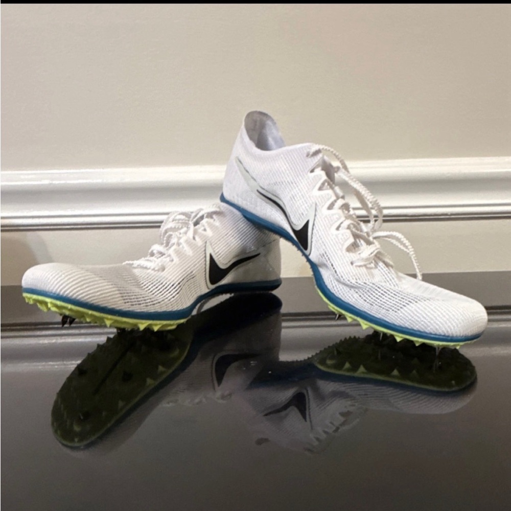 SALE-10%
Nike White Sprint Spikes with Black Swoosh and Lime/Blue Accents
